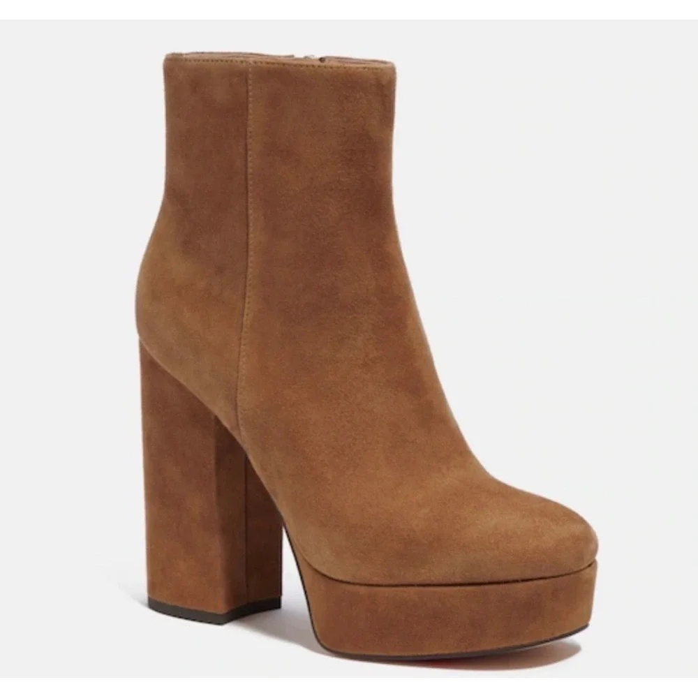 New! Coach Suede Platform Block Heel‎ Ankle Booties Iona Tan – Size 9